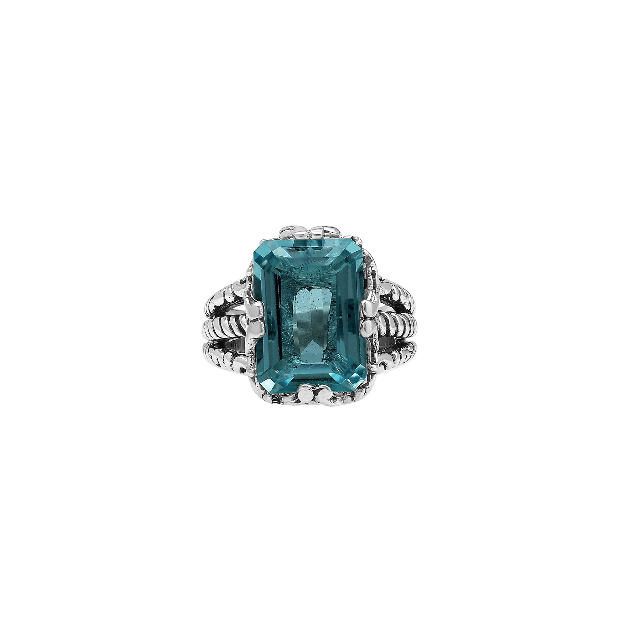 Handcrafted Sterling Silver London Blue Topaz Quartz Deep Sea Rope Elegance Ring With Balinese Detailing.