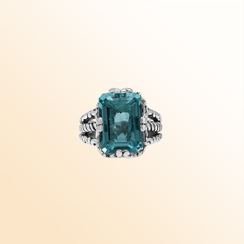 Handcrafted Sterling Silver London Blue Topaz Quartz Deep Sea Rope Elegance Ring With Balinese Detailing.