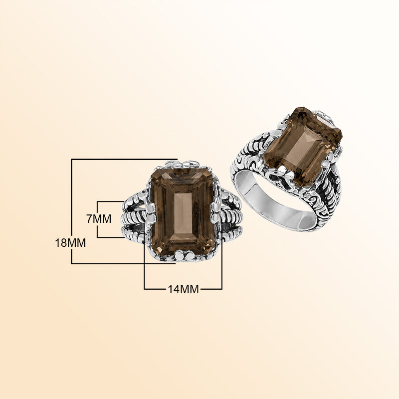 Vintage sterling silver Smokey Quartz cocktail ring with handcrafted Balinese artisan detailing