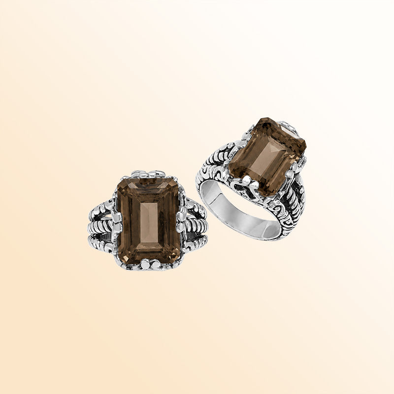 Vintage sterling silver Smokey Quartz cocktail ring with handcrafted Balinese artisan detailing