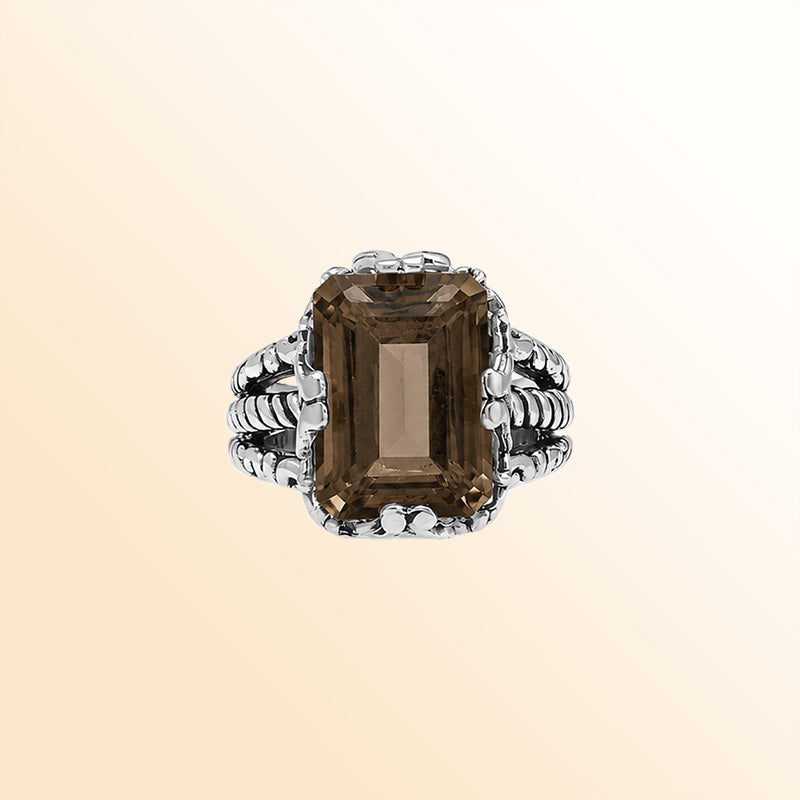 Vintage sterling silver Smokey Quartz cocktail ring with handcrafted Balinese artisan detailing