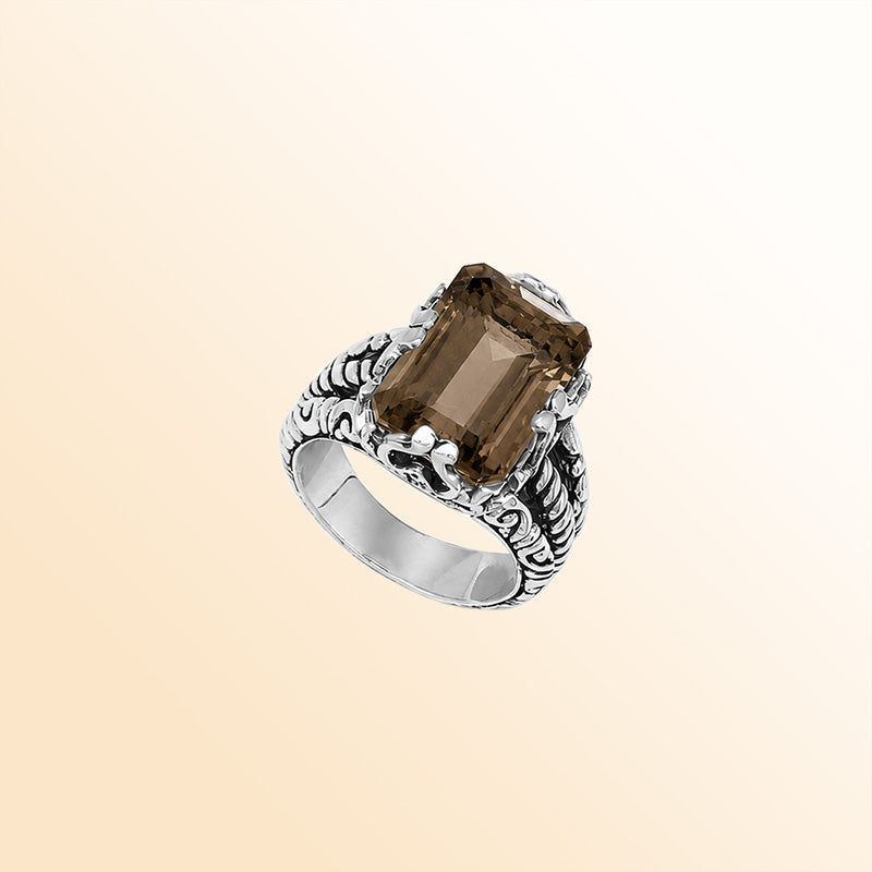 Vintage sterling silver Smokey Quartz cocktail ring with handcrafted Balinese artisan detailing