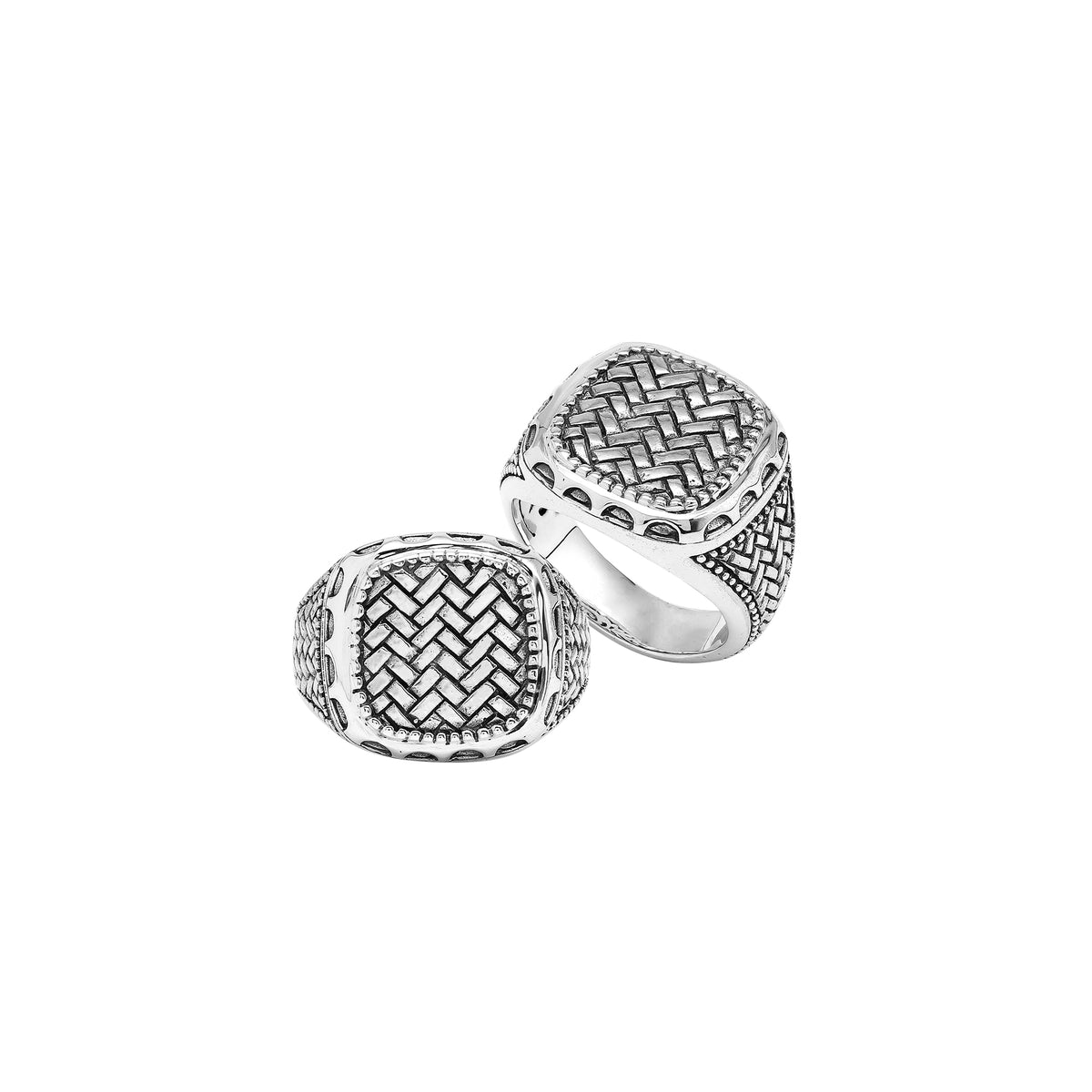 Men’s sterling silver ring with woven texture and oxidized finish, handcrafted Bali artisan jewelry statement design.