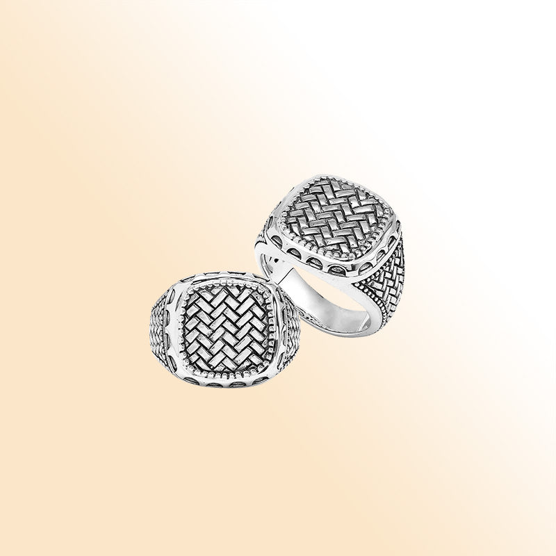 Men’s sterling silver ring with woven texture and oxidized finish, handcrafted Bali artisan jewelry statement design.