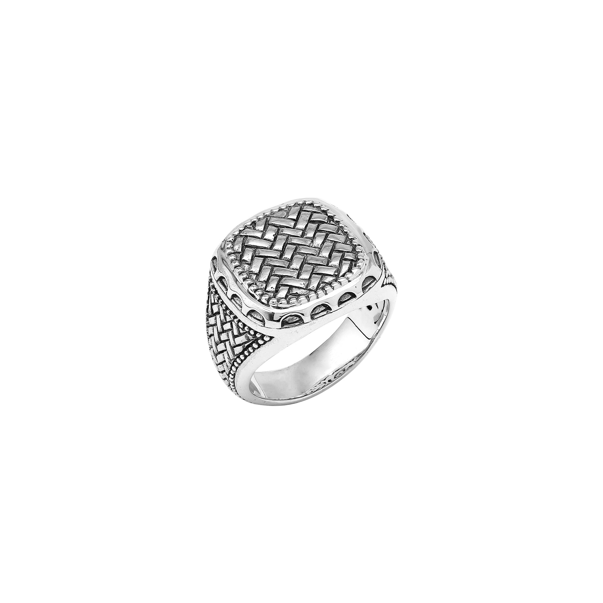 Men’s sterling silver ring with woven texture and oxidized finish, handcrafted Bali artisan jewelry statement design.