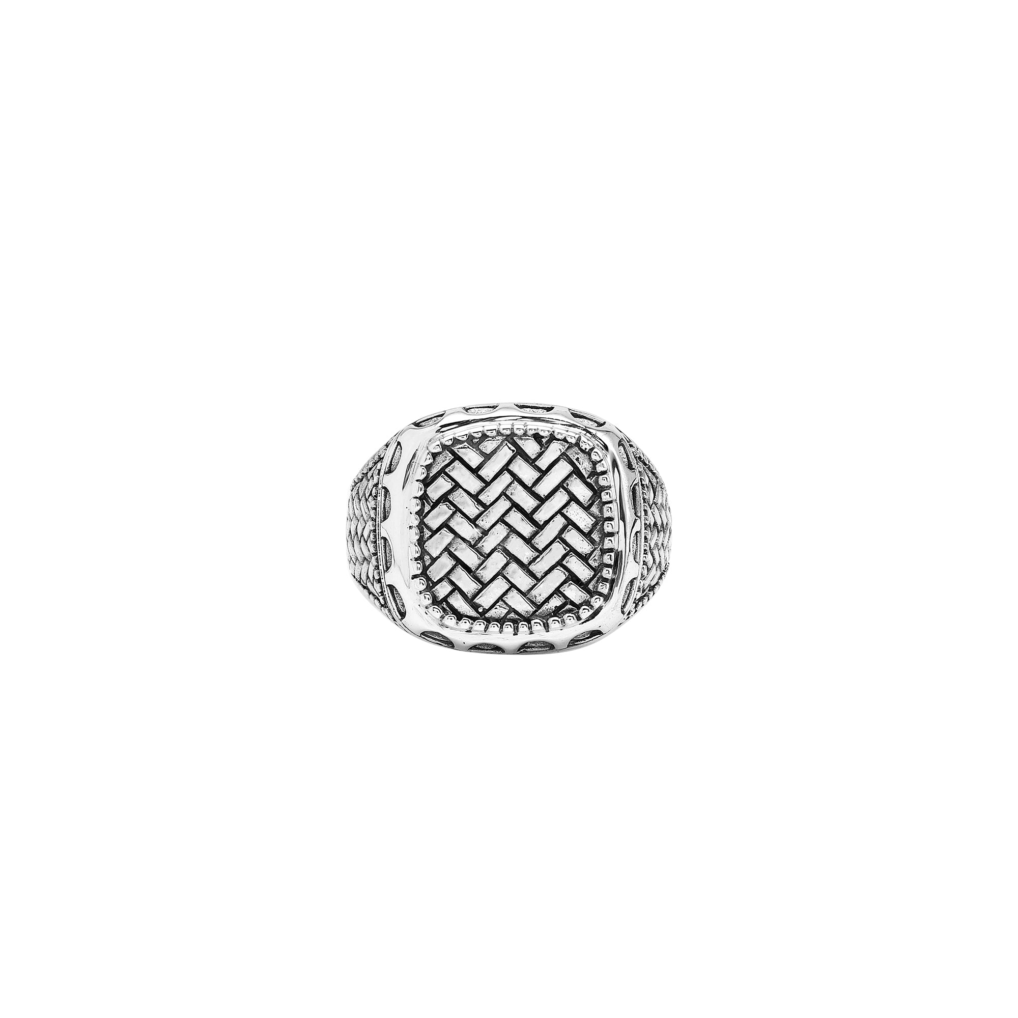 Men’s sterling silver ring with woven texture and oxidized finish, handcrafted Bali artisan jewelry statement design.