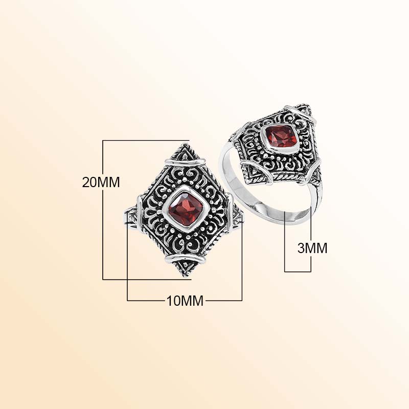 Handcrafted sterling silver Garnet Quartz ring with ornate Balinese filigree accents