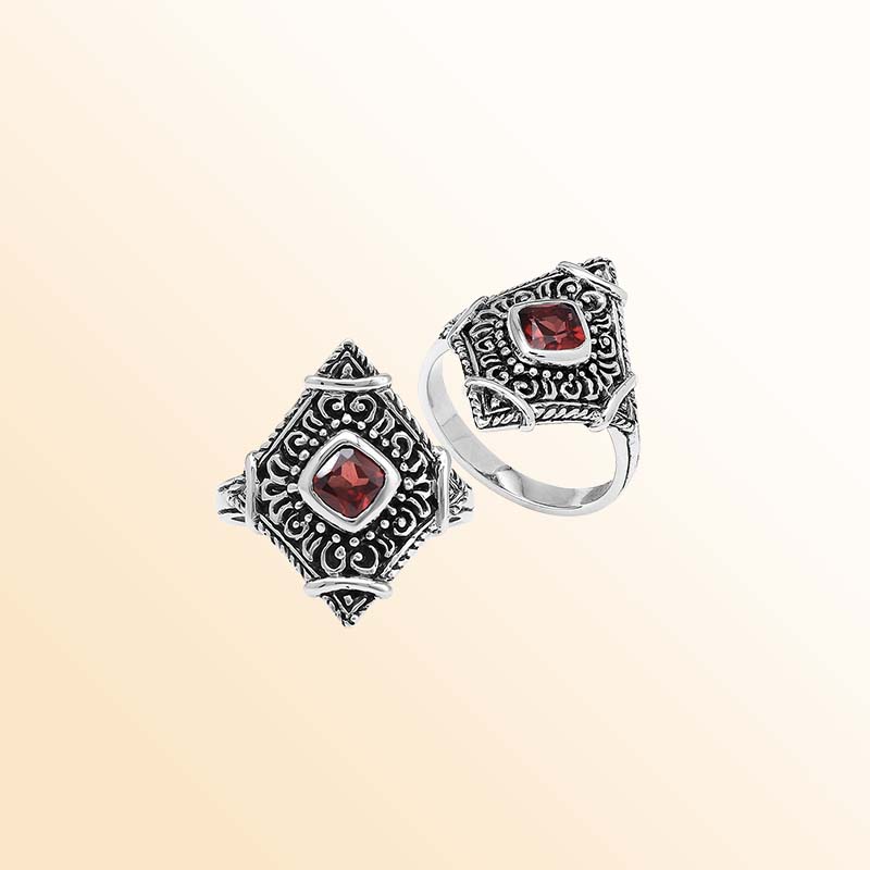 Handcrafted sterling silver Garnet Quartz ring with ornate Balinese filigree accents
