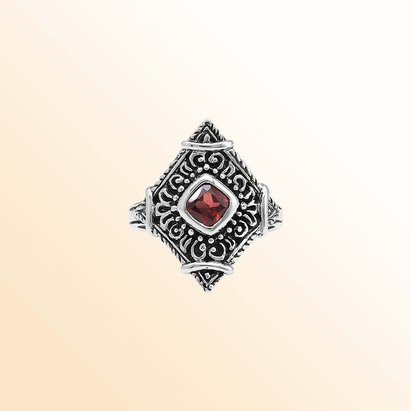 Handcrafted sterling silver Garnet Quartz ring with ornate Balinese filigree accents