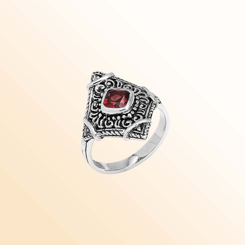 Handcrafted sterling silver Garnet Quartz ring with ornate Balinese filigree accents