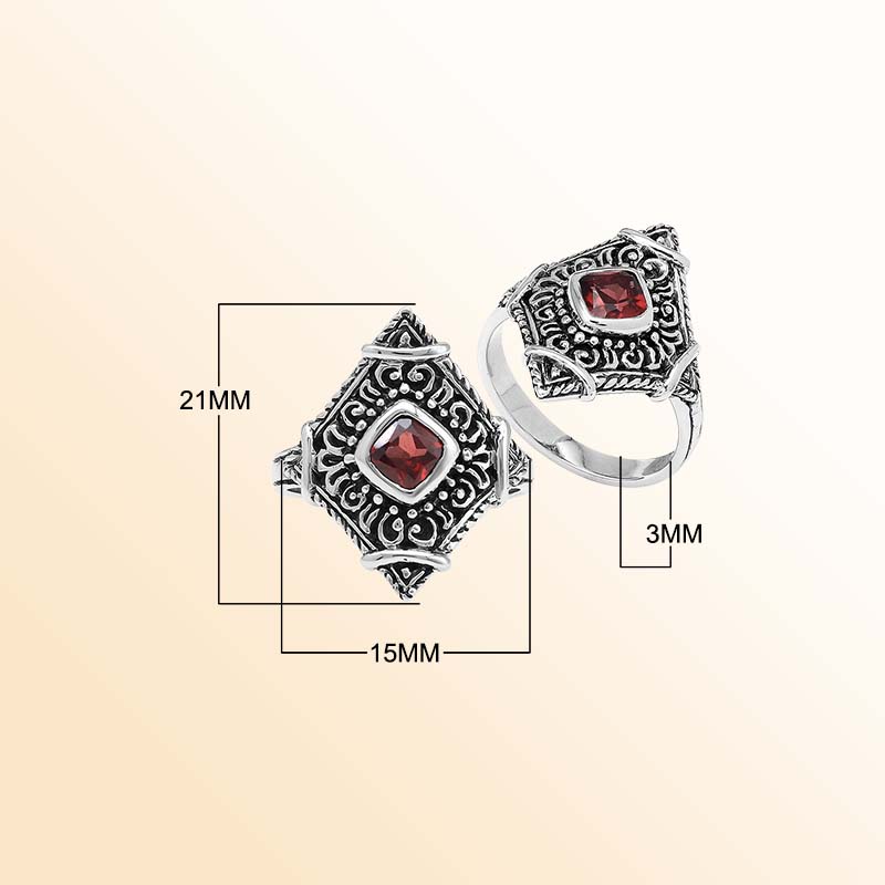 Handcrafted sterling silver Garnet Quartz ring with ornate Balinese filigree accents