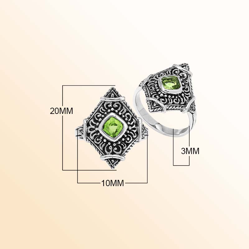 Handcrafted sterling silver Peridot Quartz ring with decorative Balinese filigree accents