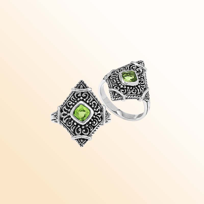 Handcrafted sterling silver Peridot Quartz ring with decorative Balinese filigree accents