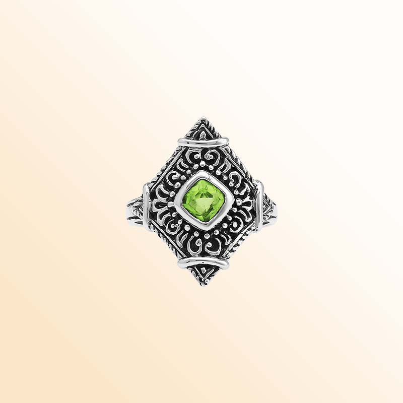 Handcrafted sterling silver Peridot Quartz ring with decorative Balinese filigree accents