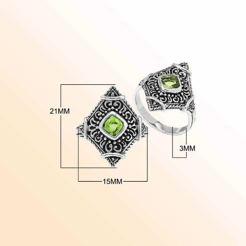 Handcrafted sterling silver Peridot Quartz ring with decorative Balinese filigree accents