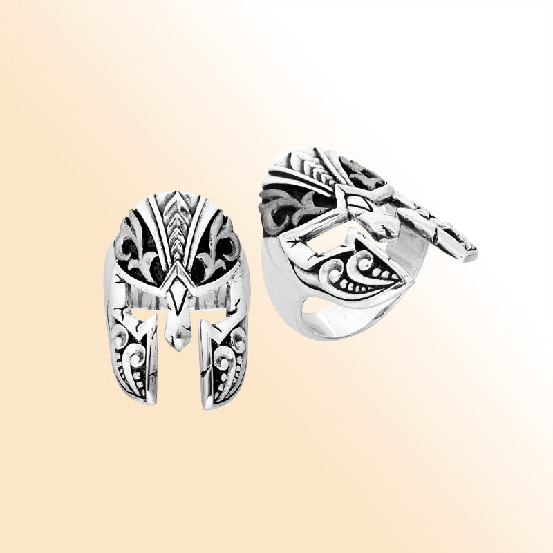 Handcrafted Sterling Silver Beautiful Stylish Warrior Helmet Elegant Armor Heritage Ring With Balinese Detailing.