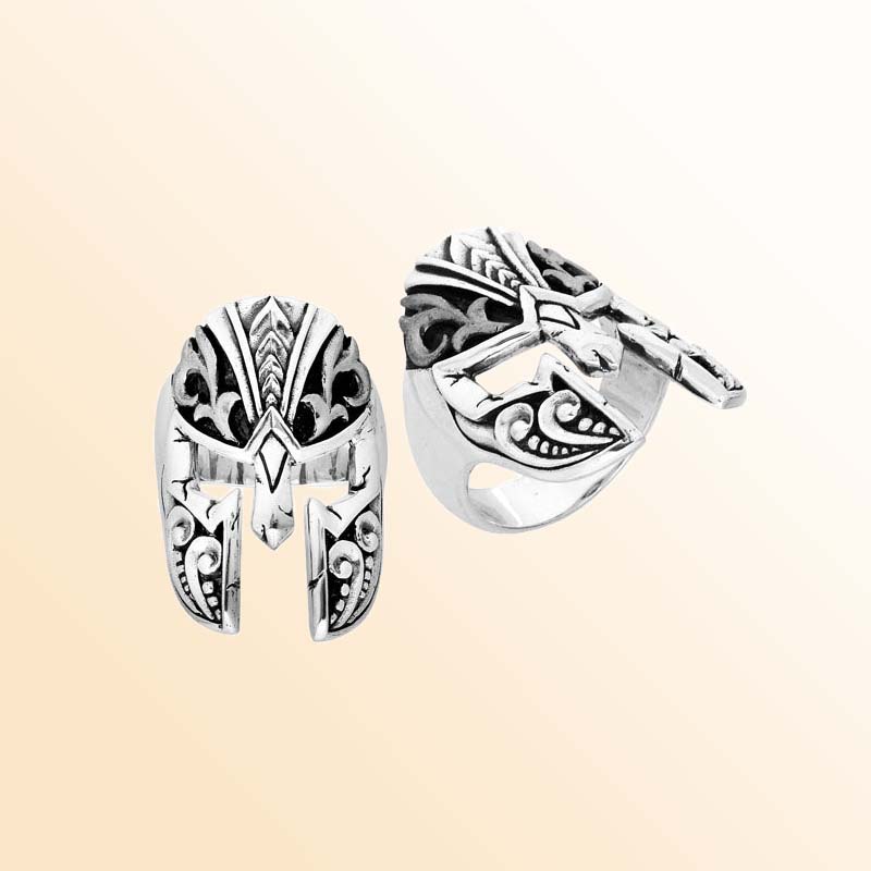 Handcrafted Sterling Silver Beautiful Designer Warrior Helmet Armor Heritage Statement Ring With Balinese Carving.