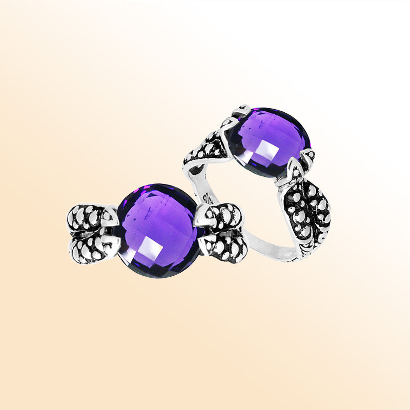 Handcrafted Sterling Silver Elegant Amethyst Quartz Round Balinese Engraved Luxury Statement Ring.