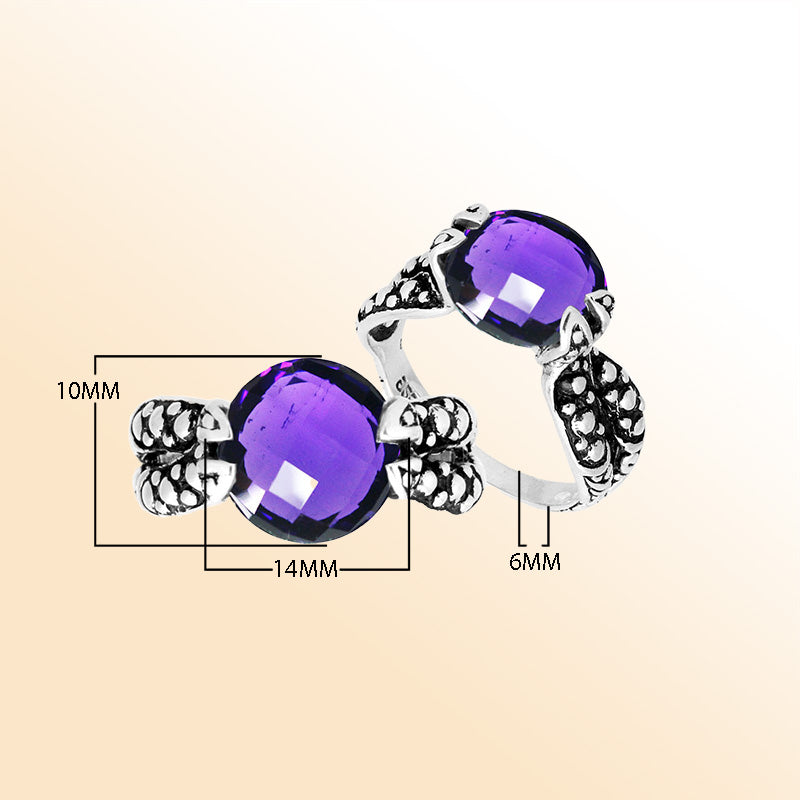 Handcrafted Sterling Silver Elegant Amethyst Quartz Round Balinese Engraved Luxury Statement Ring.