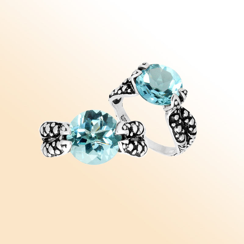 Handcrafted Sterling Silver Elegant Blue Topaz Quartz Round Balinese Engraved Luxury Statement Ring.