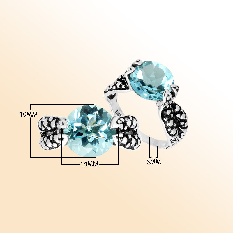 Handcrafted Sterling Silver Elegant Blue Topaz Quartz Round Balinese Engraved Luxury Statement Ring.