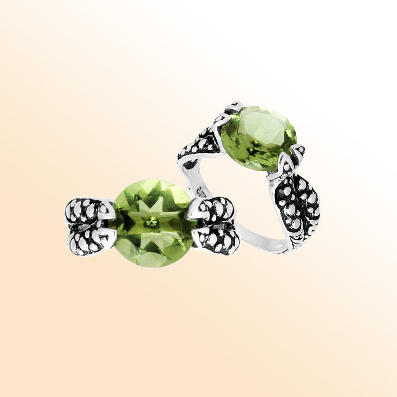 Handcrafted Sterling Silver Elegant Green Amethyst Quartz Round Balinese Engraved Luxury Statement Ring.