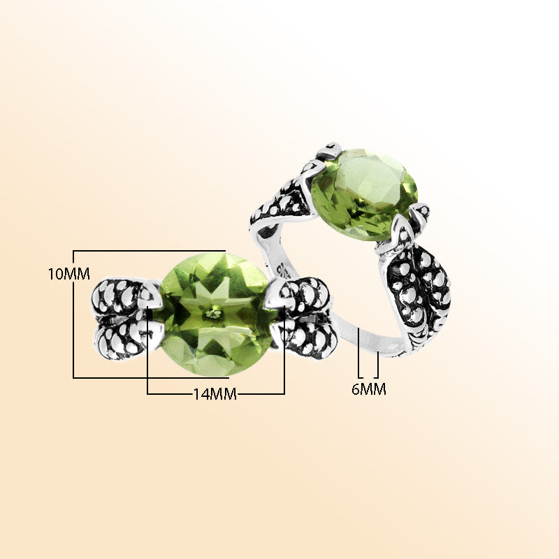 Handcrafted Sterling Silver Elegant Green Amethyst Quartz Round Balinese Engraved Luxury Statement Ring.