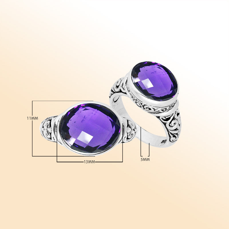 Handcrafted Sterling Silver Elegant Amethyst Quartz Oval Balinese Scrollwork Luxury Statement Ring.