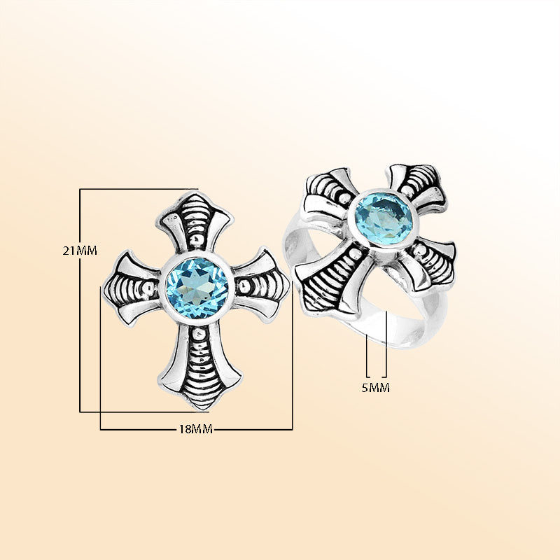 Handcrafted Sterling Silver Elegant Blue Topaz Quartz Cross Motif Balinese Engraved Luxury Statement Ring.