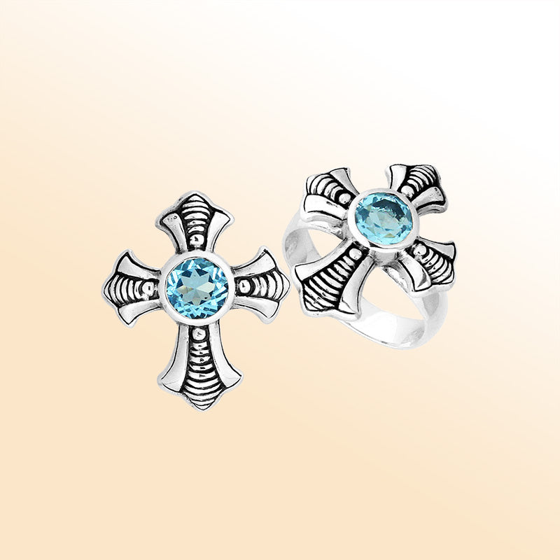 Handcrafted Sterling Silver Elegant Blue Topaz Quartz Cross Motif Balinese Engraved Luxury Statement Ring.