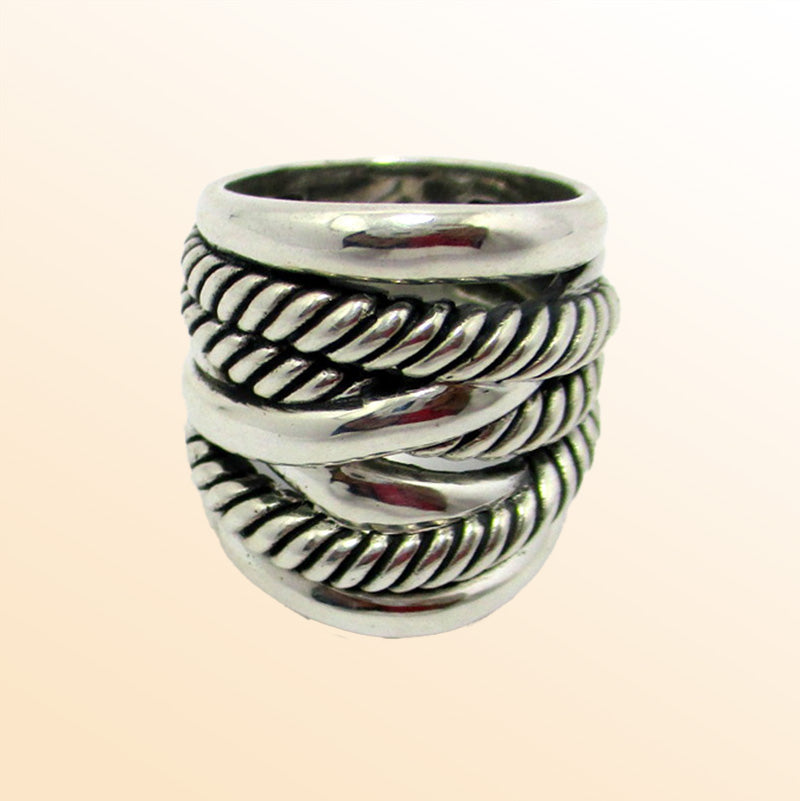 Handcrafted Sterling Silver Elegant Twisted Rope Texture Wide Band Balinese Luxury Statement Ring.
