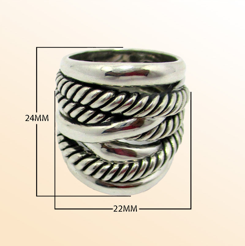 Handcrafted Sterling Silver Elegant Twisted Rope Texture Wide Band Balinese Luxury Statement Ring.