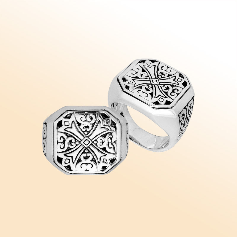 Handcrafted Sterling Silver Artistic Cross Pattern Oxidized Octagon Ring From Bali.