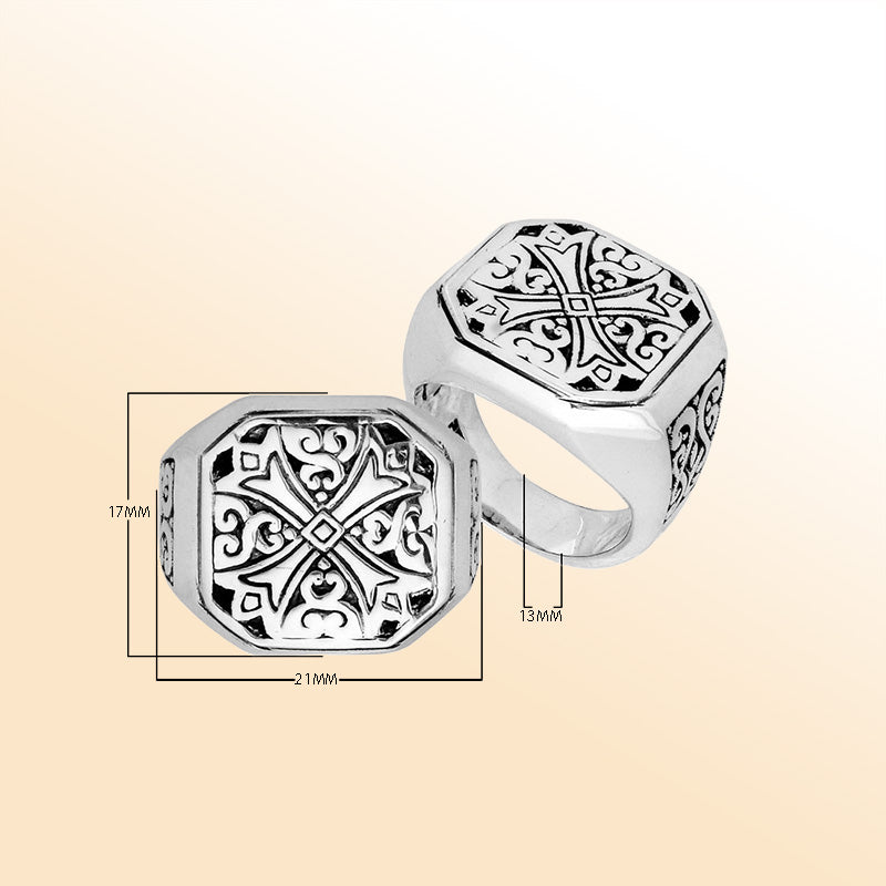 Handcrafted Sterling Silver Artistic Cross Pattern Oxidized Octagon Ring From Bali.