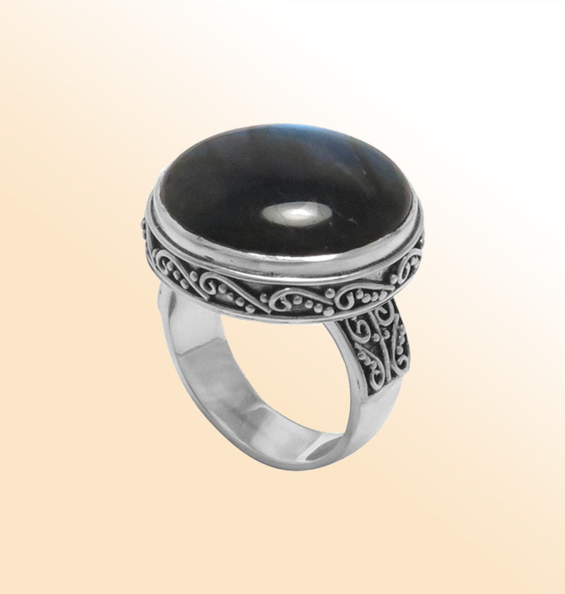 Handcrafted Sterling Silver Labradorite Round Statement Ring With Balinese Scrollwork.