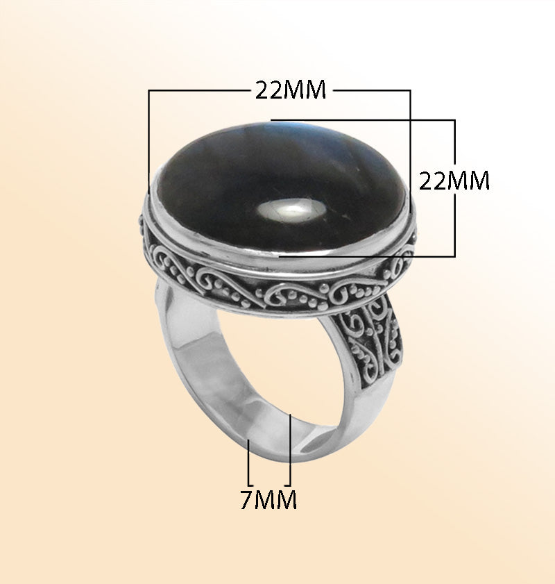 Handcrafted Sterling Silver Labradorite Round Statement Ring With Balinese Scrollwork.