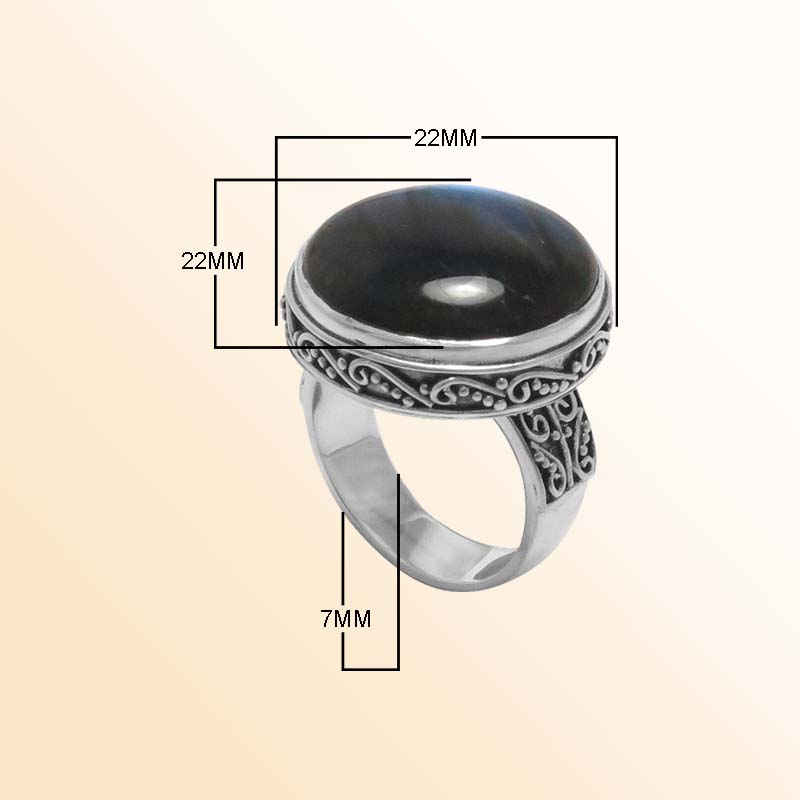 Handcrafted Sterling Silver Labradorite Round Statement Ring With Balinese Scrollwork.