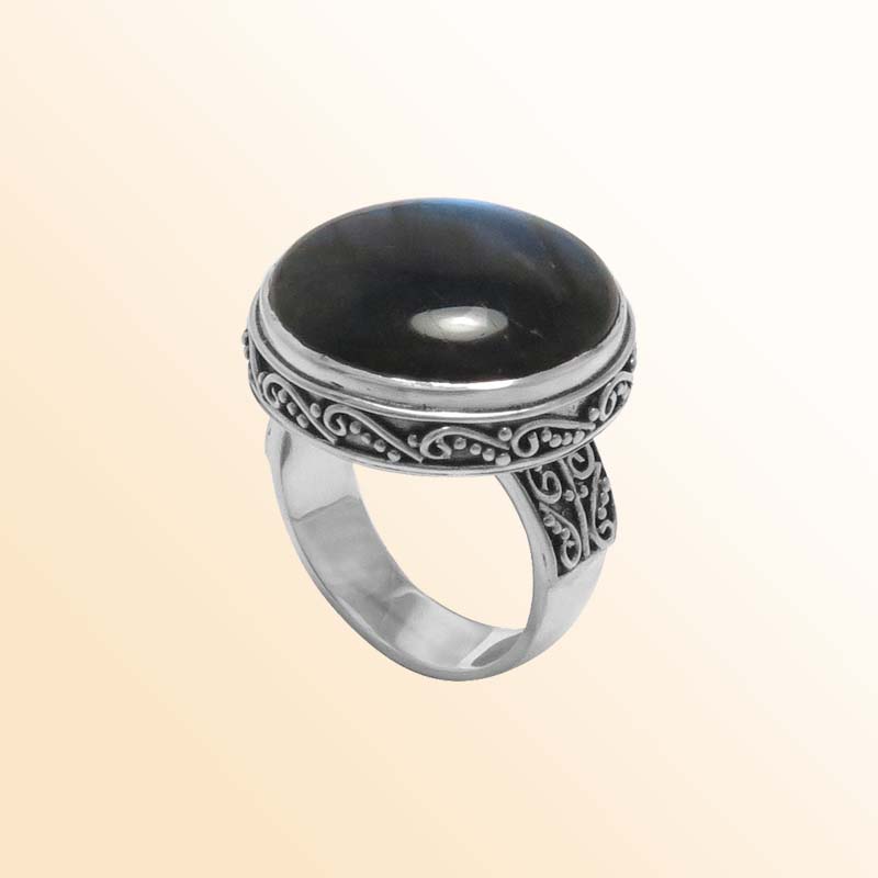 Handcrafted Sterling Silver Labradorite Round Statement Ring With Balinese Scrollwork.