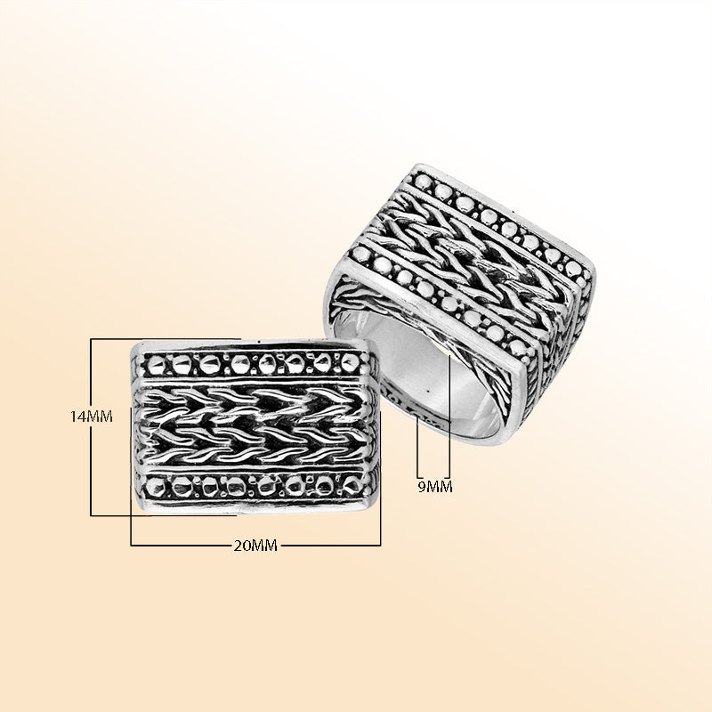 Sterling Silver handcrafted braided ring from Bali, Indonesia with dotted borders and oxidized vintage finish