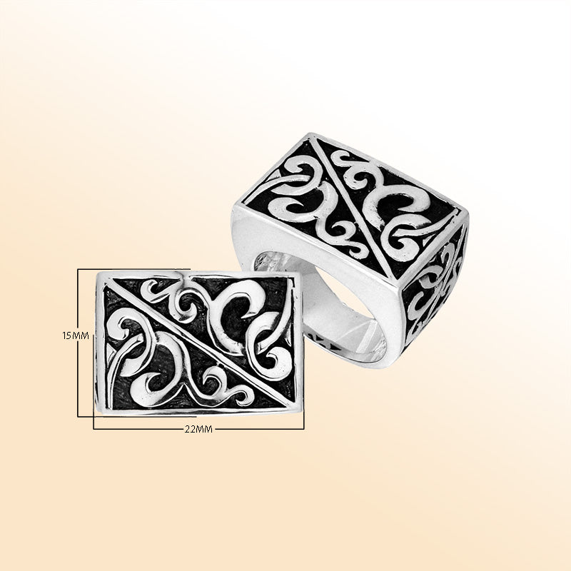 Sterling Silver beautiful designer rectangular ring handcrafted in Bali, Indonesia with oxidized artistic detailing