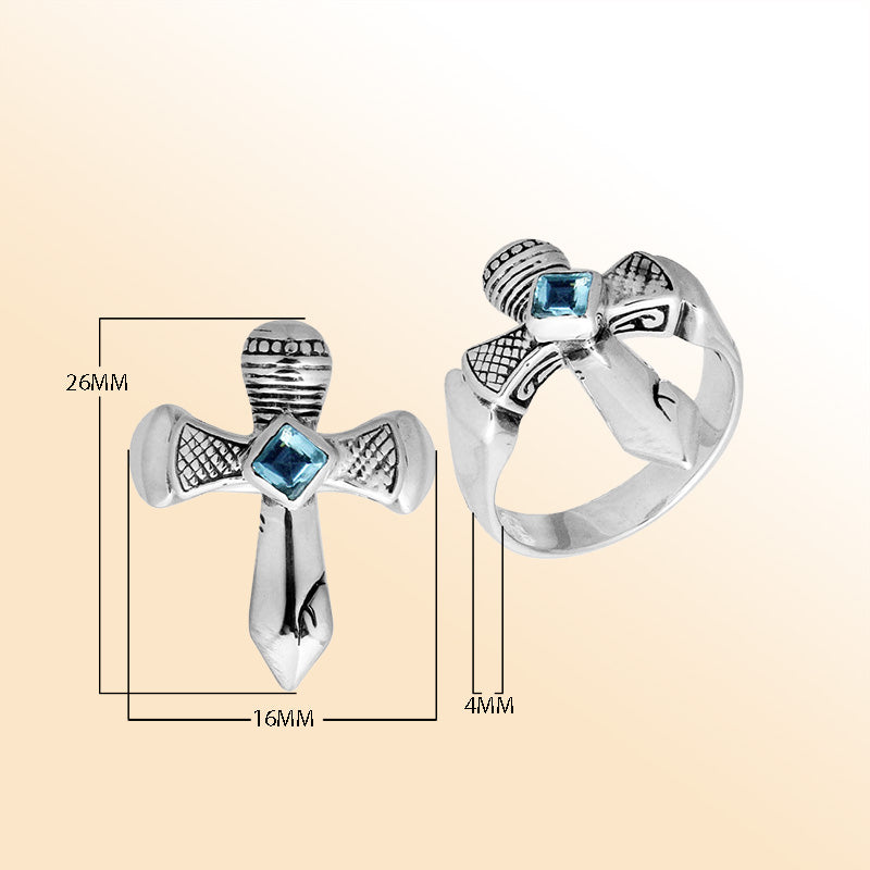 Sterling Silver beautiful ring with Blue Topaz Quartz handcrafted in Bali, Indonesia with cross-inspired design