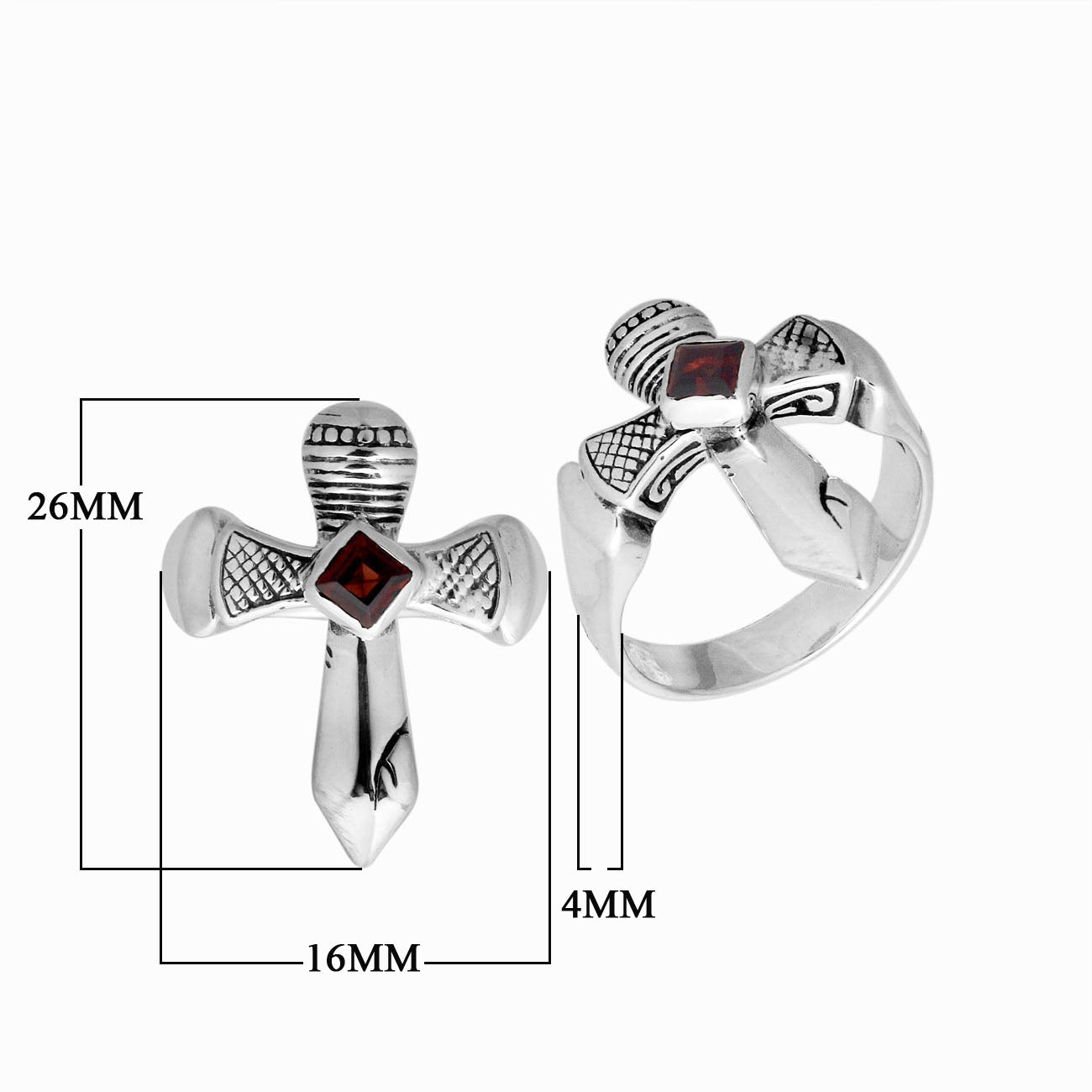 Sterling Silver beautiful ring with Garnet handcrafted in Bali, Indonesia with cross-inspired design