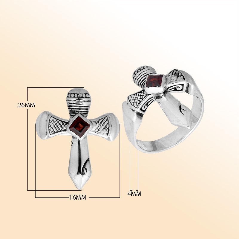 Sterling Silver beautiful ring with Garnet handcrafted in Bali, Indonesia with cross-inspired design