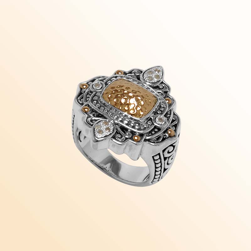 Handcrafted Sterling Silver 18K Gold Ring With Diamond Accents And Hammered Center