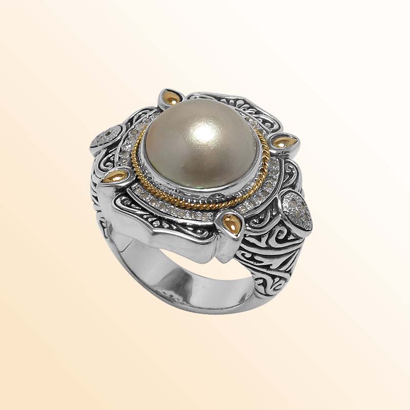 Handcrafted Sterling Silver And 18K Gold Ring Featuring Mabe Pearl And Diamond Accents