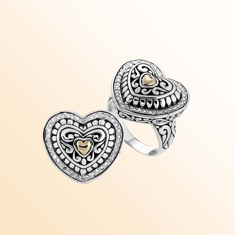 Handcrafted Sterling Silver And 18K Gold Diamond Heart Ring With Balinese Scrollwork