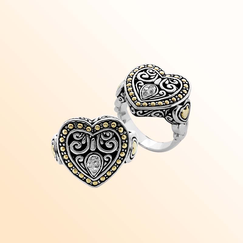 Handcrafted Sterling Silver And 18K Gold Diamond Heart Ring With Balinese Scrollwork