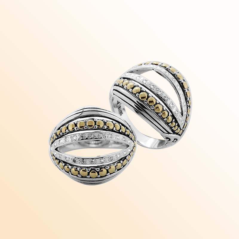 Handcrafted Sterling Silver And 18K Gold Diamond Split-Dome Balinese Ring