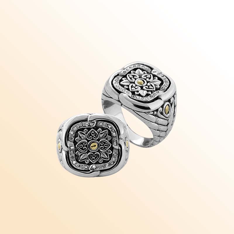 Sterling Silver And 18K Gold Diamond Ornate Balinese Mandala Square Ring With Handcrafted Detailing