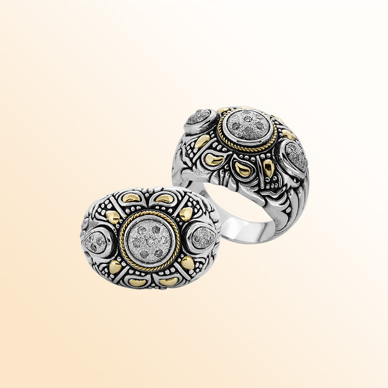 Sterling Silver Diamond Floral Mandala Ring With Gold Accents And Intricate Balinese Carvings.